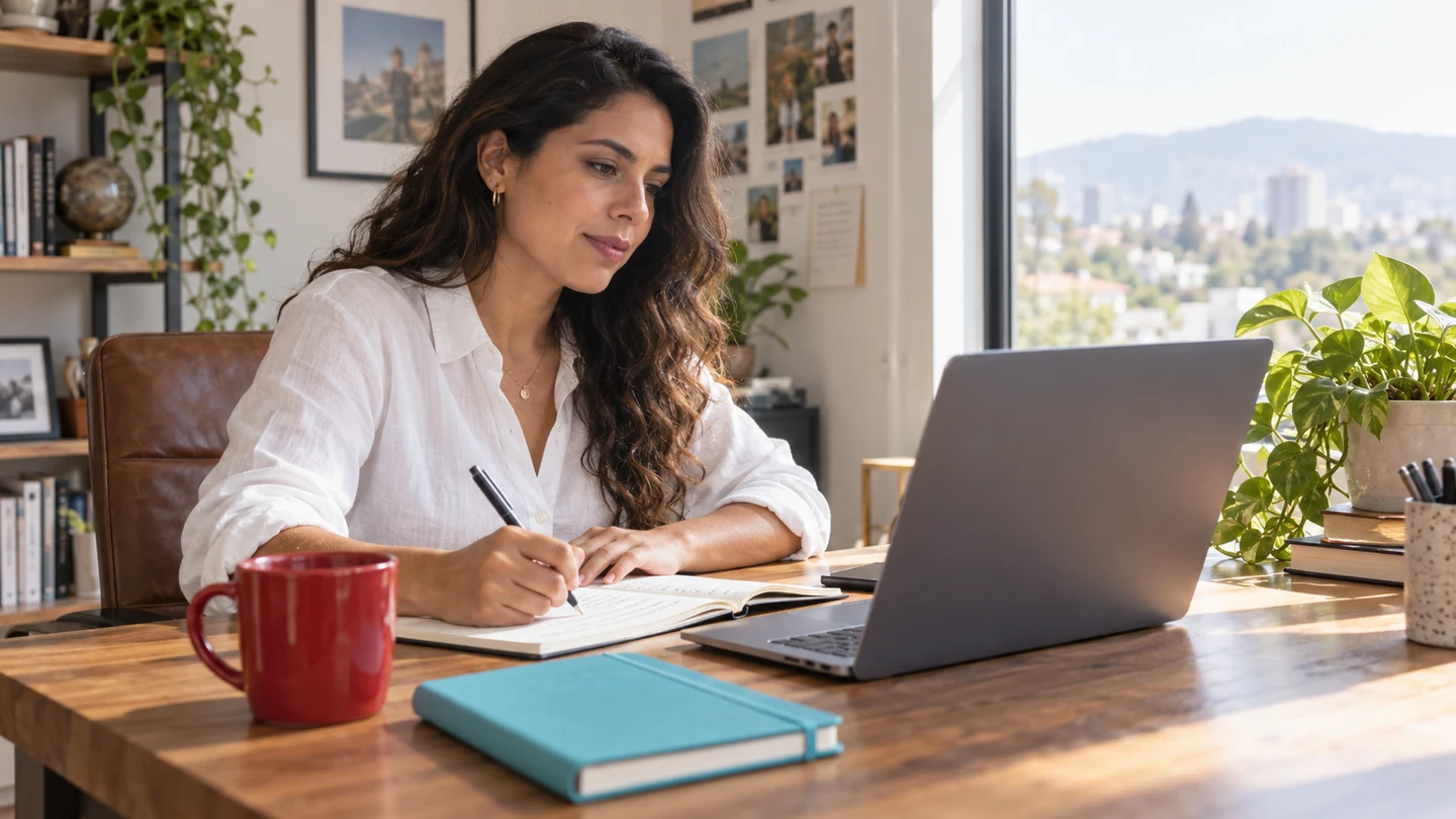 A salesperson verifying source notes while preparing account work